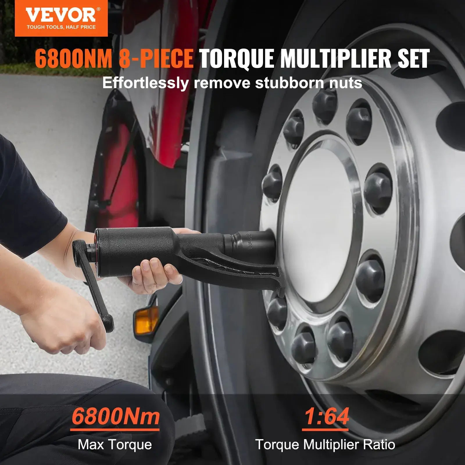 VEVOR Torque Multiplier, 1 Inch Drive Lug Nut Wrench/Multiplier Heavy Duty Torque Multiplier Wrench Set, 1:64 6,800N.m Lug Nut Remover, Includes 8 Sockets (21-41mm) and Storage Case