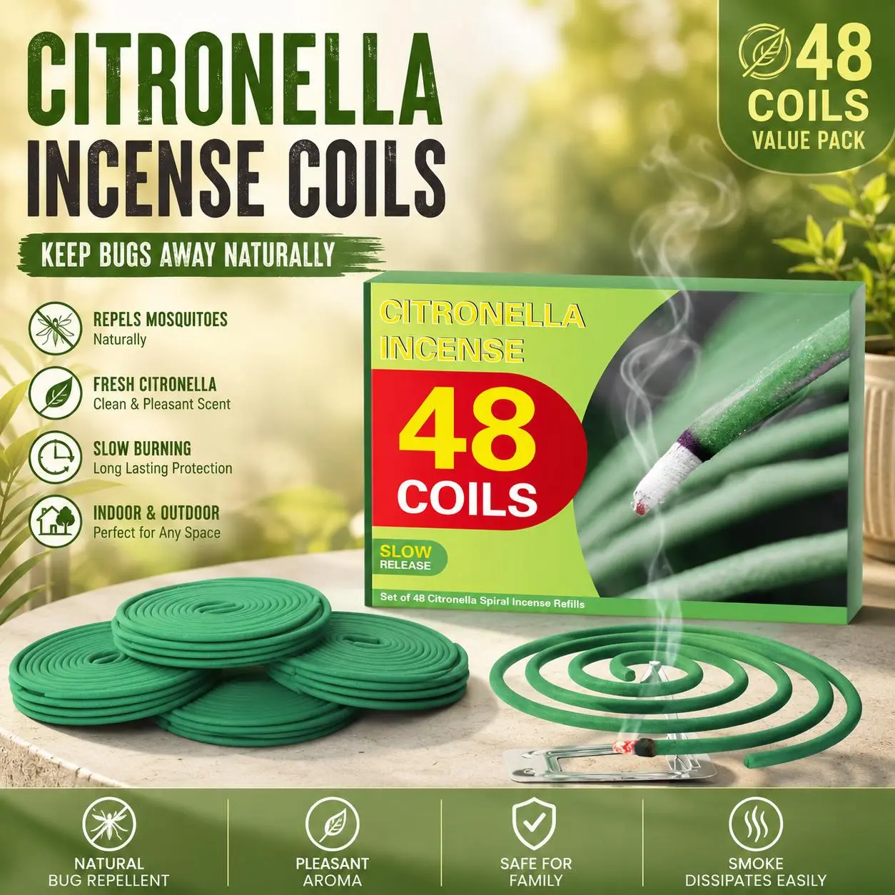 All Natural Incense Coils - 48-Count Citronella & Lemongrass Scented Handmade Set with Stand, Holder, Slow Burn Aroma, Insect Repel for Outdoor Camping, Patio, Ideal Hostess Gift, Home Supplies, Room Scents