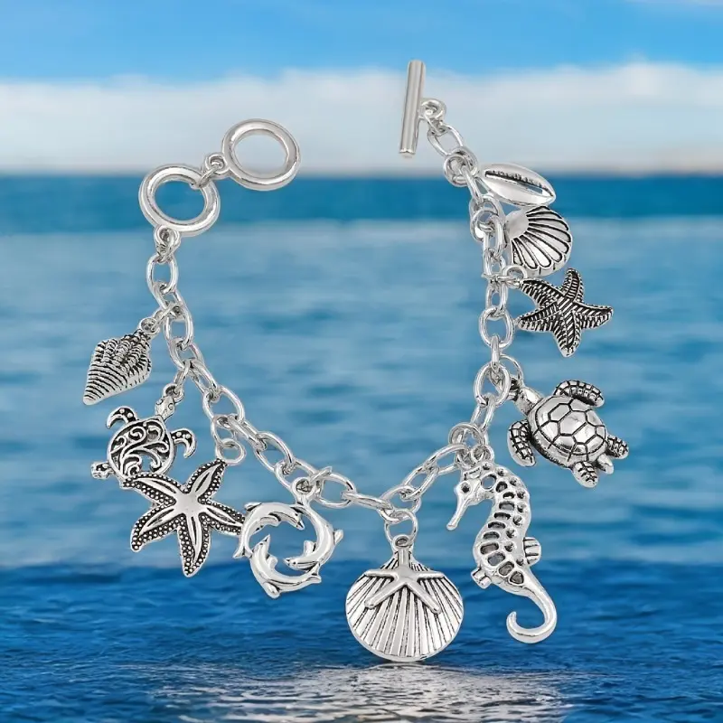 Women's Vintage Silver-Plated Ocean Sea Animal Charm Bracelet - Turtle, Starfish, Seahorse, Shell, Dolphin Designs, Toggle Clasp, Beach Themed Costume Jewelry Gift