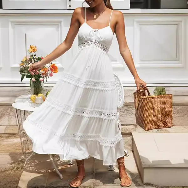Women's Summer Spaghetti Straps Empire Waist Hollow Out Lace Patchwork Pleated A-Line Long Dress