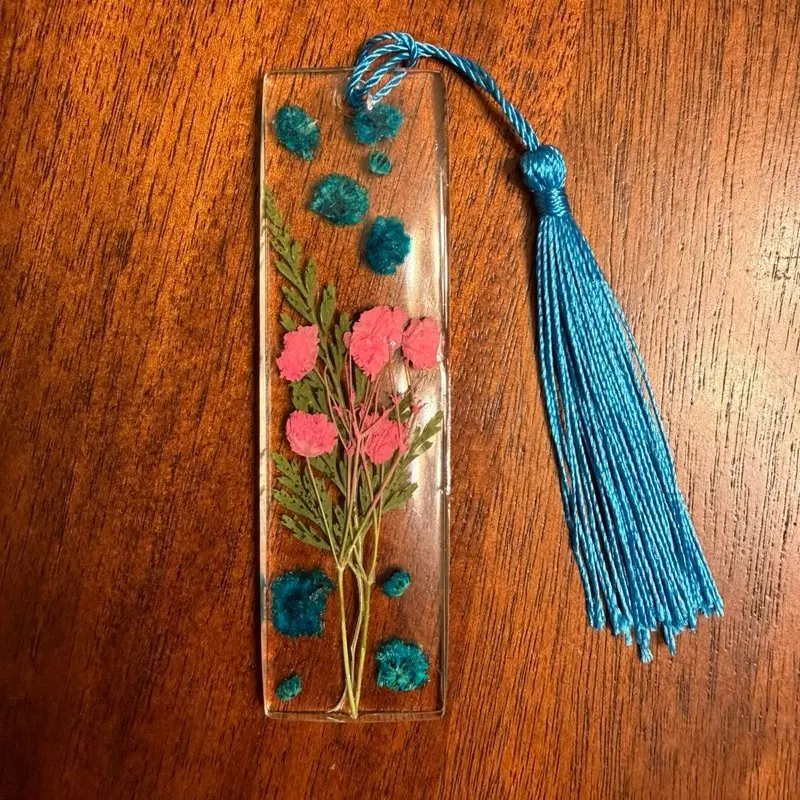 Earth Flower Co. Handmade Resin Bookmark with Real Pink and Blue Flowers and Turquoise Tassel for Book Lovers