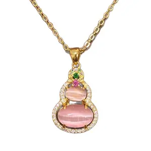 Vintage Pink Chalcedony Gourd Necklace, Encrusted with Zircon, Fashionable Versatile Elegant Luxurious Design Niche Collarbone Chain, Suitable for Parties and Anniversaries