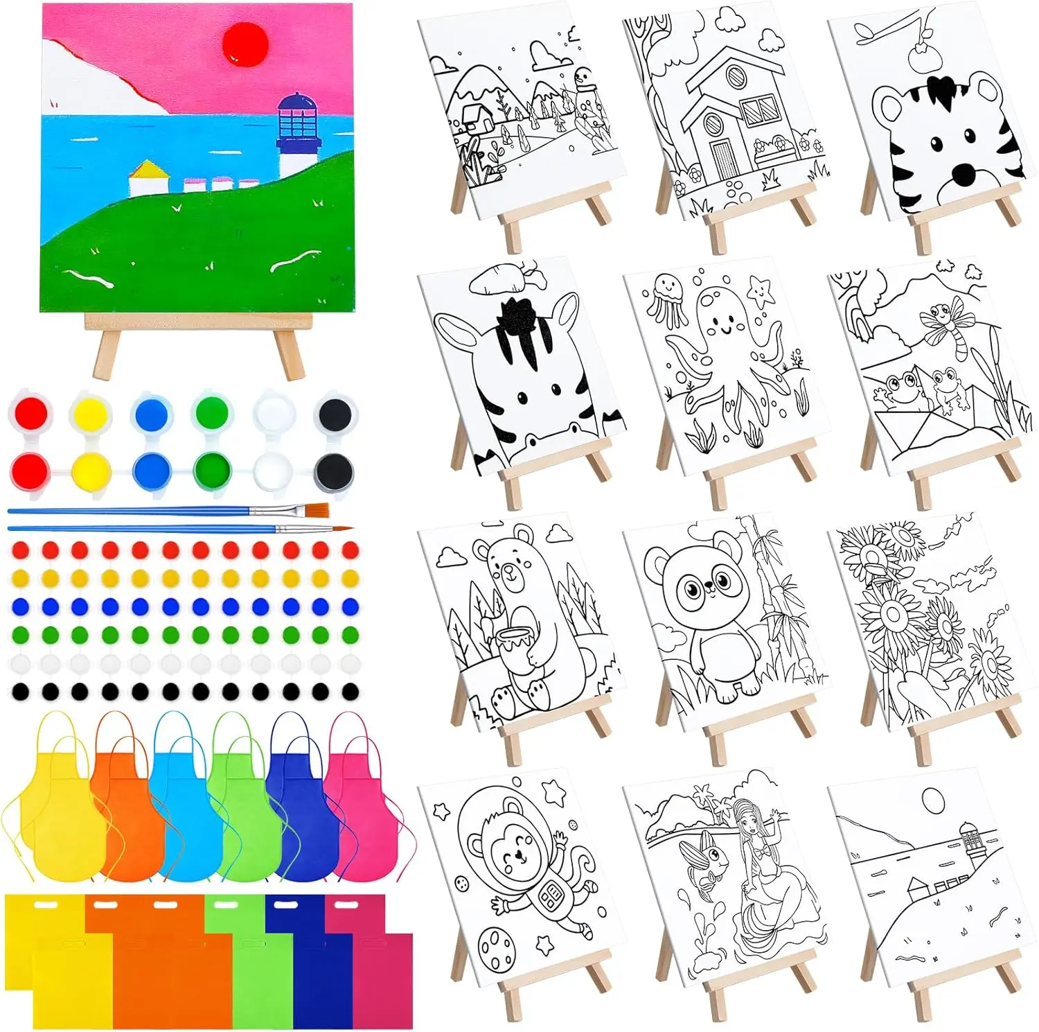 48 count   Party Favors Sets with 12 count Pre Drawn Canvas Panel and Wooden Easel Set  Pots and Brushes, 12 count Mini Apron and Tote Bag for  Student ()