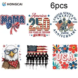 6 Piece Set Usa 250th Anniversary Heat Transfer Vinyl Stickers, Badges Decals, Patriotic Theme, Easy to Use, Durable, DIY Clothing Iron-On Decals