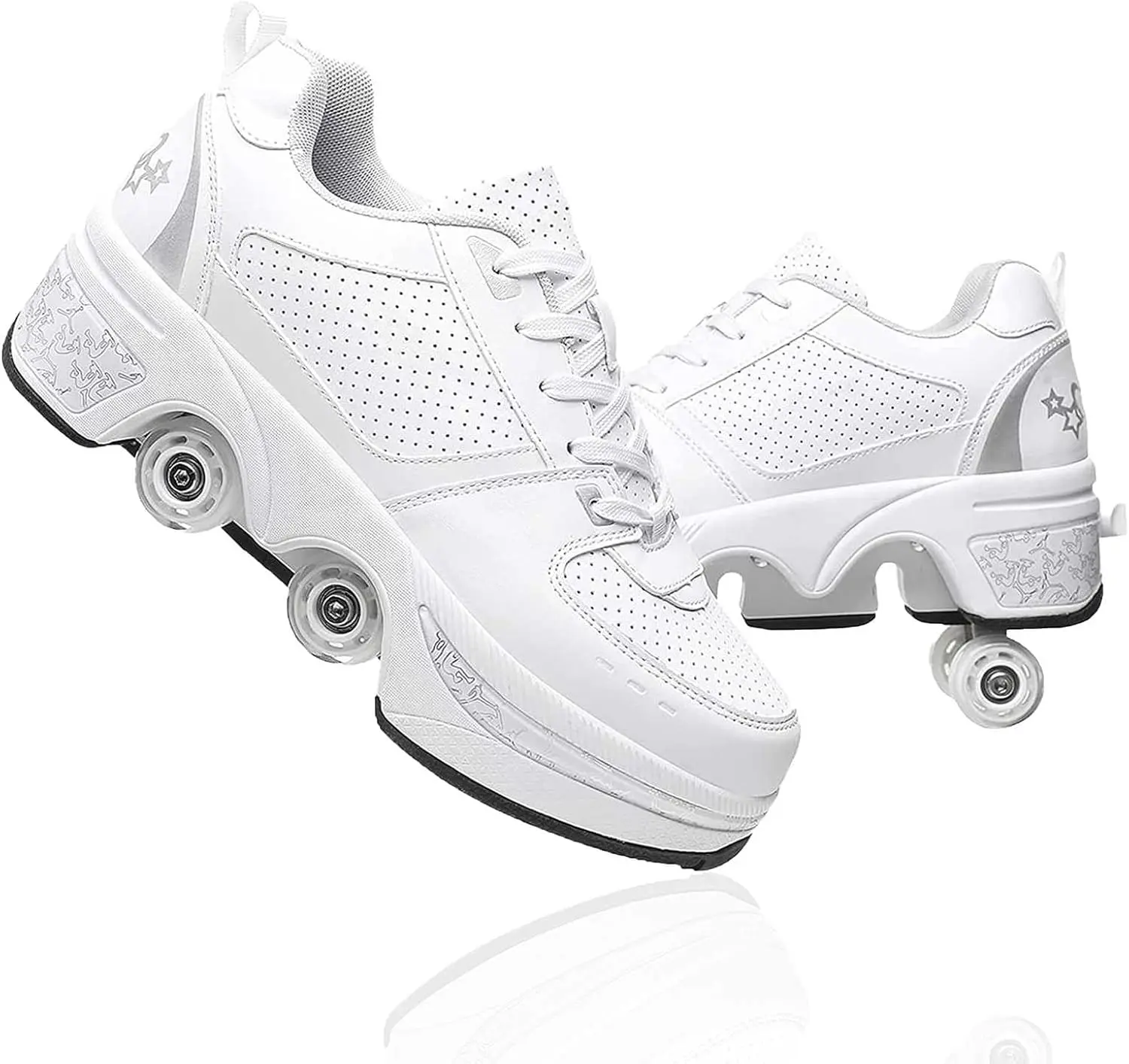 UonrvaoN Roller Skate Shoes,Rollerblades,Inlineskates,4Wheel Retractable Roller Skates,2-in-1 Roller ShoesOutdoor Sneakers With Wheels,White silver