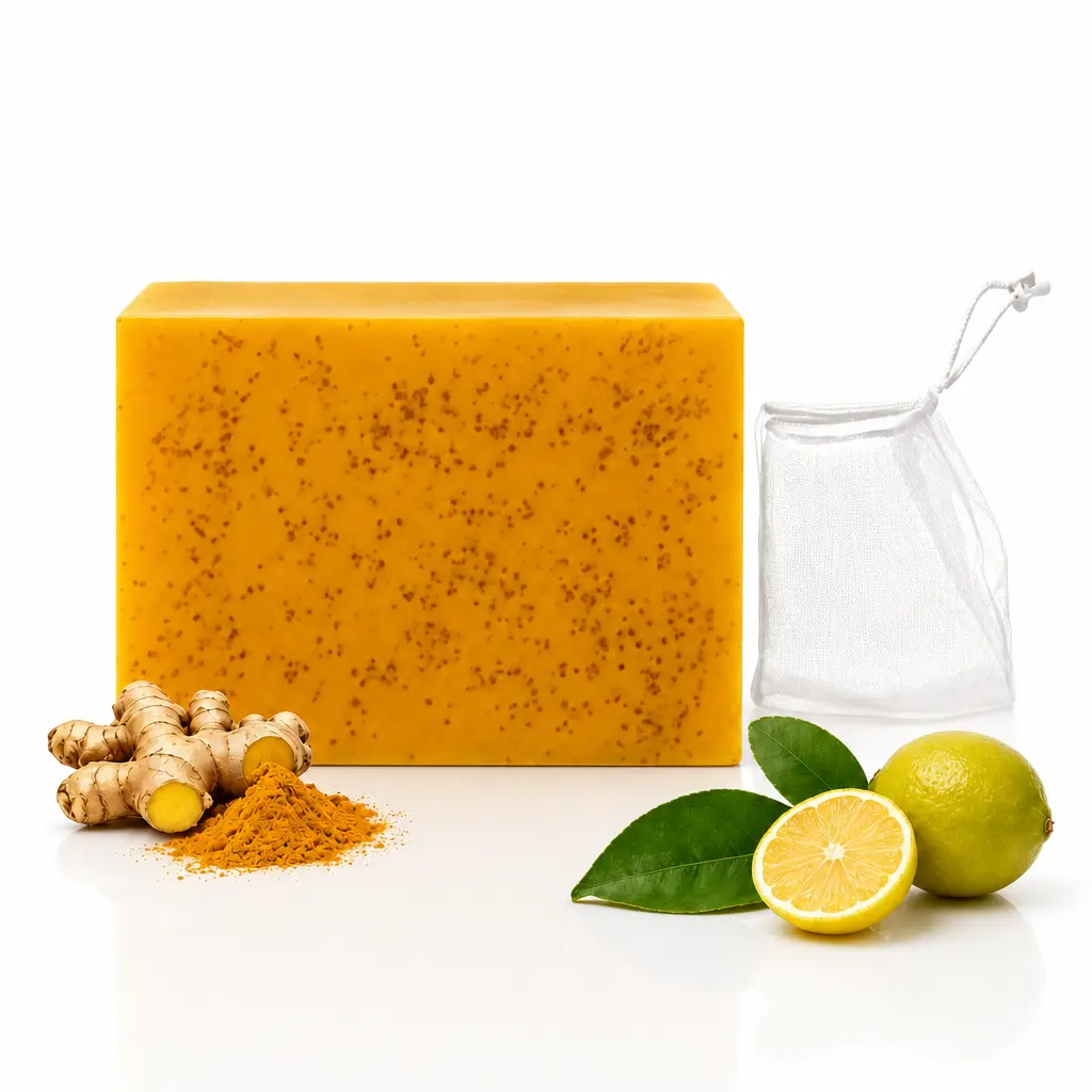 Lemon Turmeric Kojic & Orange Blend Solid Soap Bars with Soap Nets, Fresh Face & Body Cleanser That Brightens Skin, Rich Foaming Daily Bath Care Pouch, Create Foamy Lather