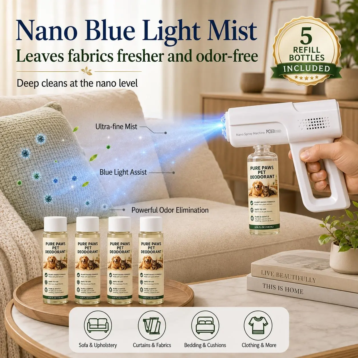 Pet Bio-Enzyme Odor Control Spray, Blue Light Freshening Formula, Plant-Based Extracts, Pet-Friendly Cleaning Solution for Cat & Dog Messes, Stain & Smell Remover for Home, Carpet, Furniture & More