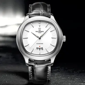 Premium Silver Oval Cushion Men's Automatic Watch, Clean Radial White Dial Single Diamond Accent Unique Big Triple Digit Date Soft Black Leather Strap Minimal Classic Luxury Gift For Him