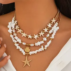 [3pcs Ocean Wave Necklace] 3pcs Turquoise Ocean Wave Shell Multi-Layer Beach Star Beaded Necklace Jewelry Set for Women