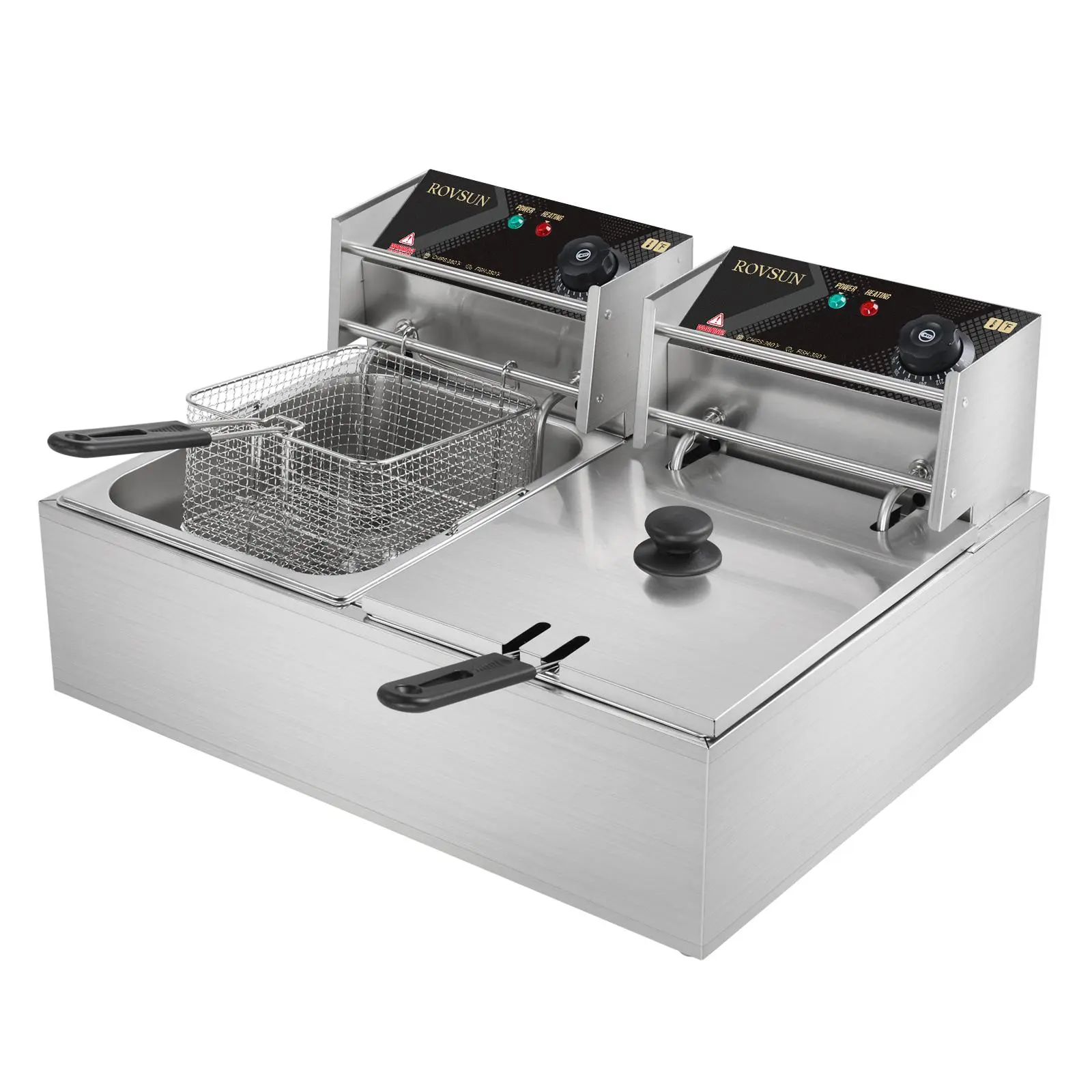 ROVSUN 22.8QT 5000W Stainless Steel Commercial Dual Tank Fryer, Kitchen Appliances Countertop Adjustable Temperature Fryer with 2 Baskets & Lids, for French Fries Donuts
