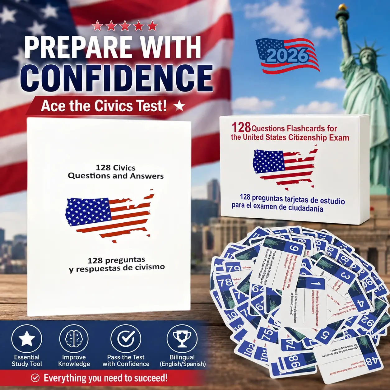 2026 US Citizenship Flash Cards: Study Guide: American Citizenship (Spanish & English). 2026 USCIS 128 Questions and Answers Flash Cards
