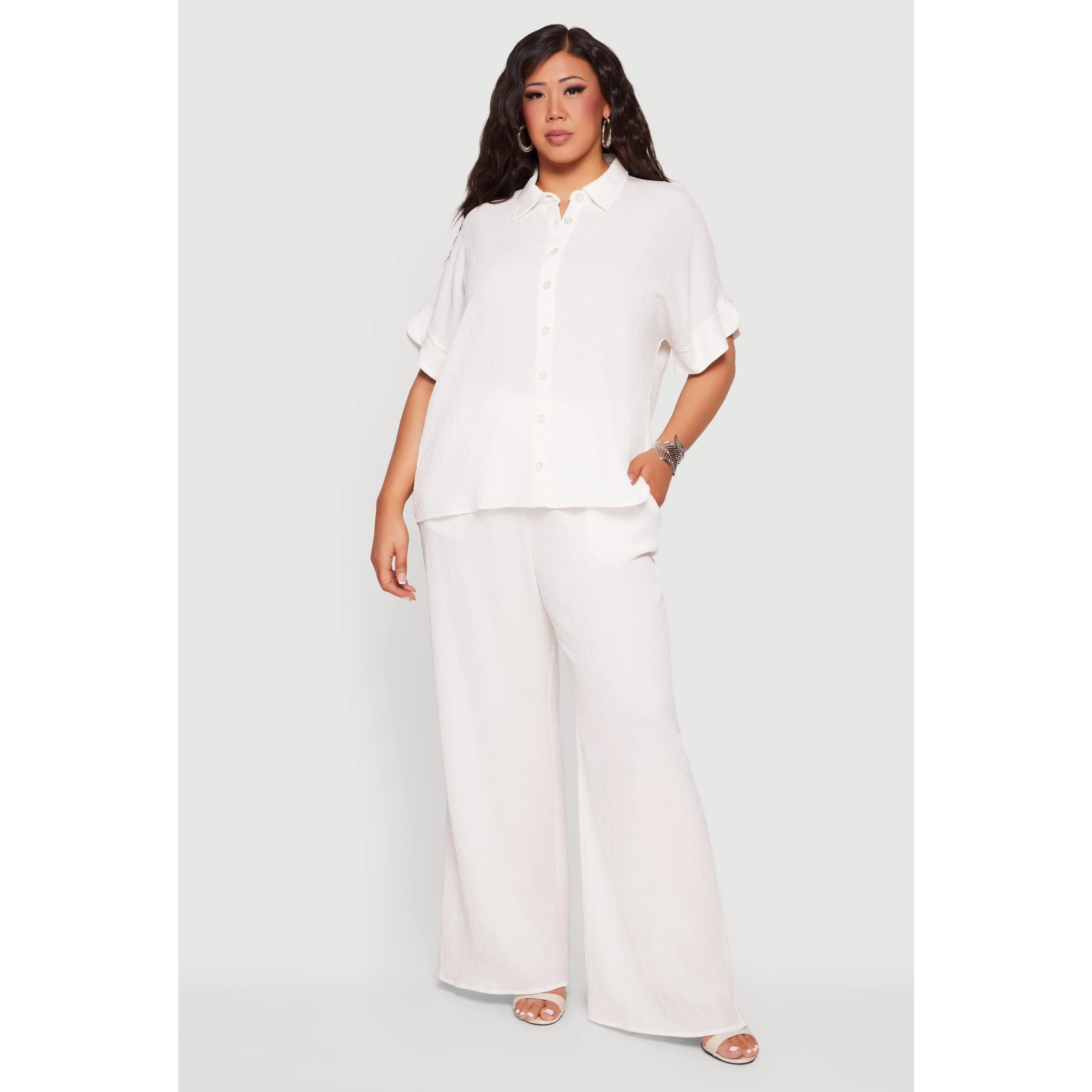 Plus Size High Waisted Seersucker Wide Leg Pants
