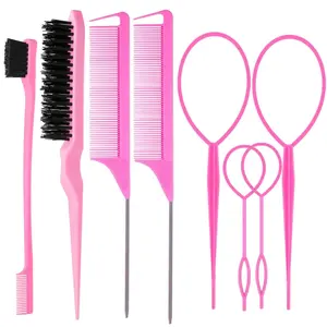 ZVOREI 8Pcs Hair Brushes Set with 4Pcs Topsy Hair Tail Tools 1Pcs Bristle Teasing Hair Brush 1Pcs Edge Control Brush 2Pcs Metal Pin Rat Tail Combs for Woman Girl Hair Styling,Edge&Back Brushing,Pink ZVOREL