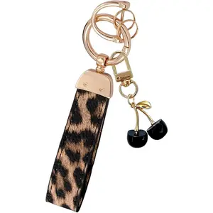 Virelyn B Cherry Keychain Wristlet Leather Car Keychain for Women Cute Purse Bag Charms Key Fob Holder with Keyrings Gifts