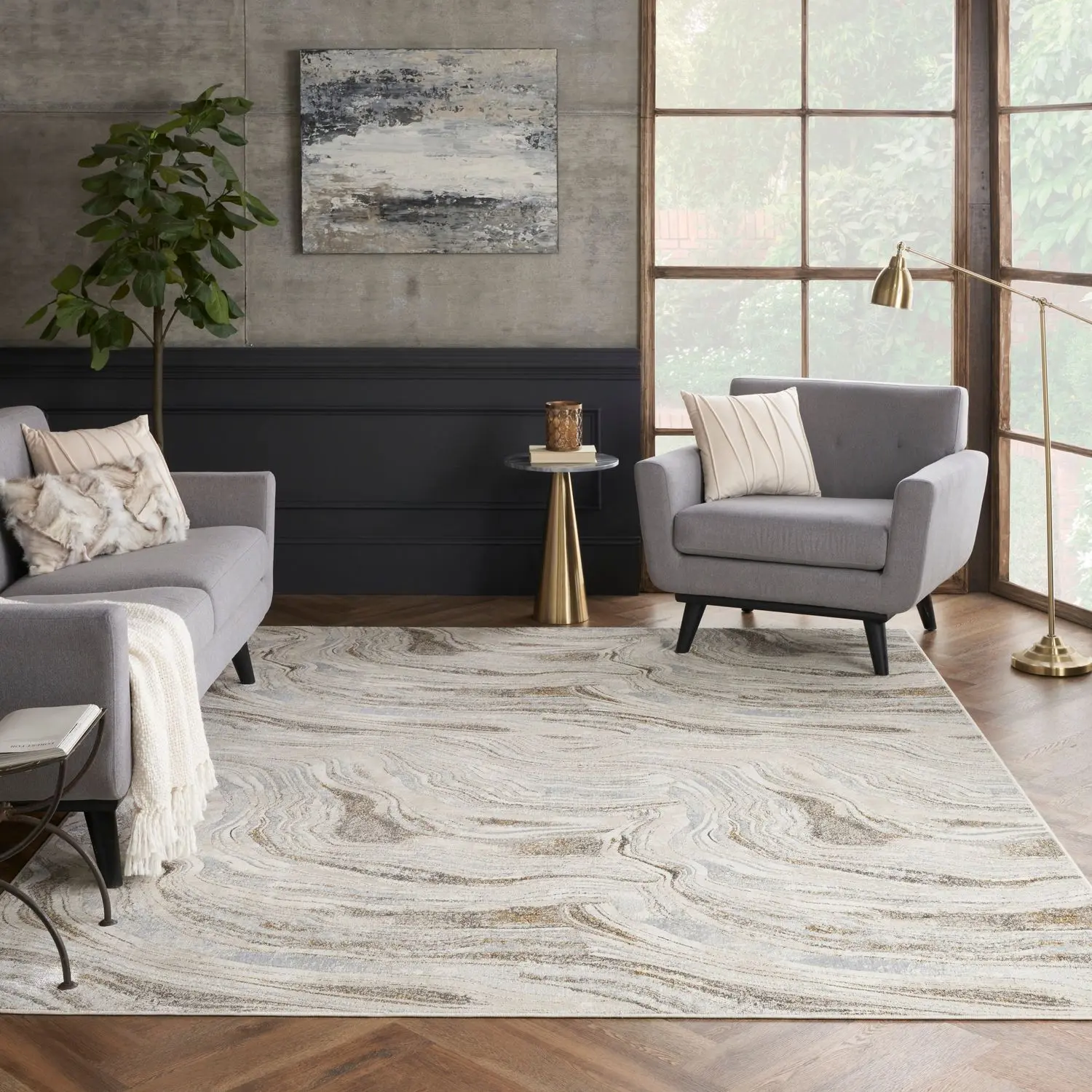 Nourison Glam Indoor Area Rug - Gold-Grey Modern, Soft Shimmer Glow, Abstract Design, Ideal for Bedroom, Grey Gold Ripple Style, Short-Pile