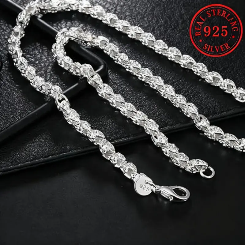 925 Sterling Silver Rope Twist Fashion Necklace, Unisex Plated Silver Cable Chain, 50-60cm Length with Lobster Clasp, Elegant Party & Wedding Jewelry, Anniversary Engagement Gift, Rope Chain Necklaces, Twist Chain