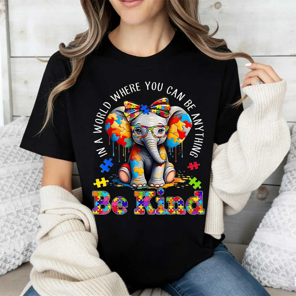 Women's Short-Sleeve Round Neck Sports Top, Everyday Style Crew Neck T-Shirt with Elephant Print, Puzzle Pieces, Be Kind Message & Ribbon Detail for Casual Wear, Shortsleeve