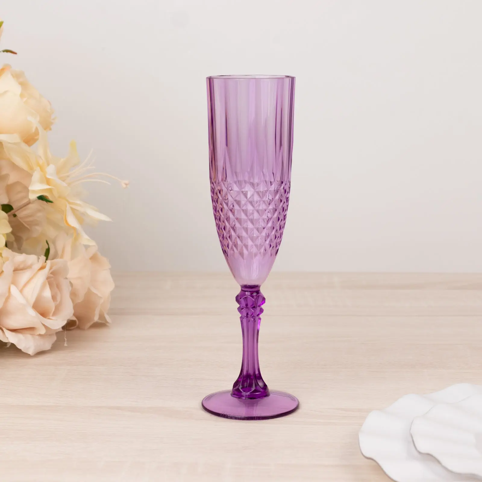 6-Pack 8oz Acrylic Transparent Plastic Champagne Glasses - Crystal Cut Purple, Shatterproof, Stylish Drinkware, Ideal for Wedding Toasts & Birthday Events, Six Pack