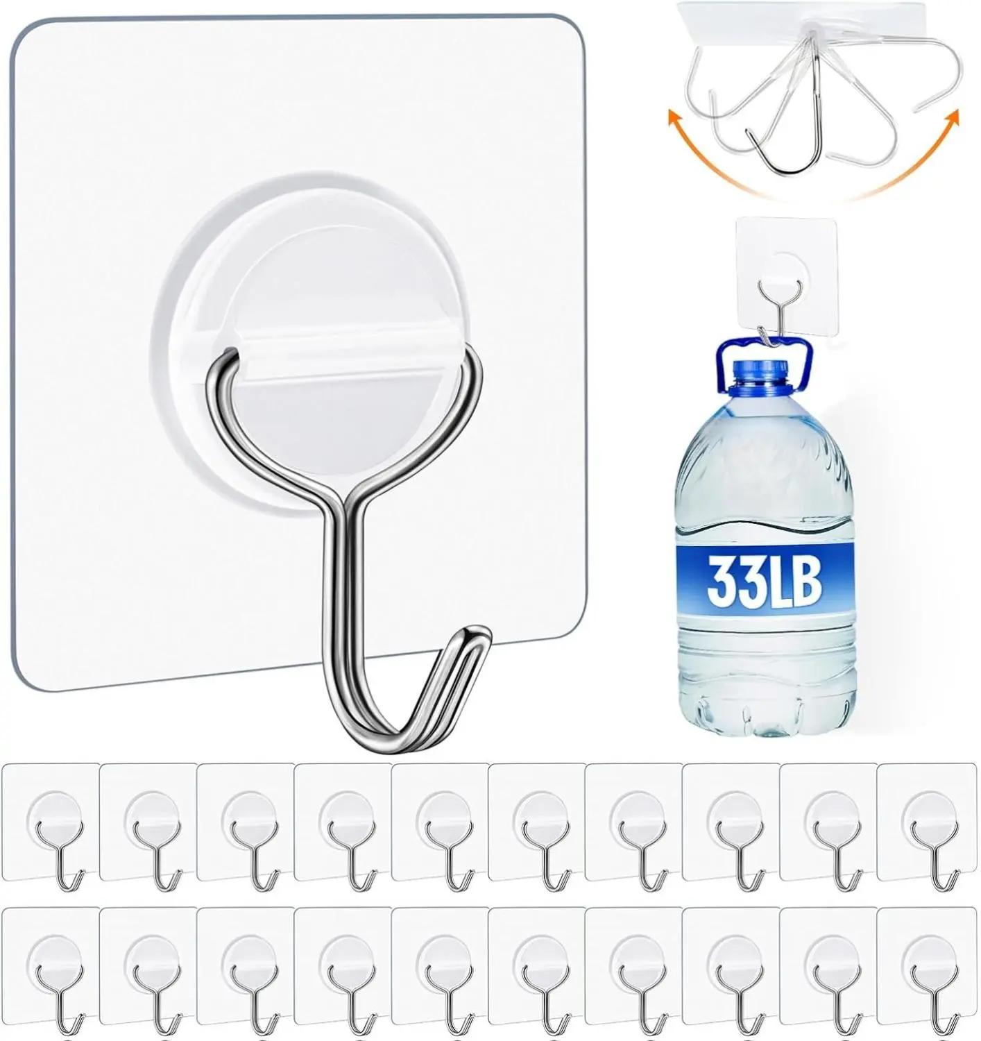 Adhesive Wall Hooks for Hanging Heavy Duty 33lb Max Waterproof and Rustproof Transparent Self Adhesive Hooks for Bathroom Kitchen Outdoor and Home Improvement 20 Pack Stylish Utility Hooks
