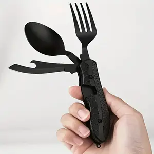4-In-1 Stainless Steel Camping Utensils, Portable Folding Pocket Set, Includes Fork, Spoon, Knife & Bottle Opener, Ideal for Outdoor Activities, Camping Equipment