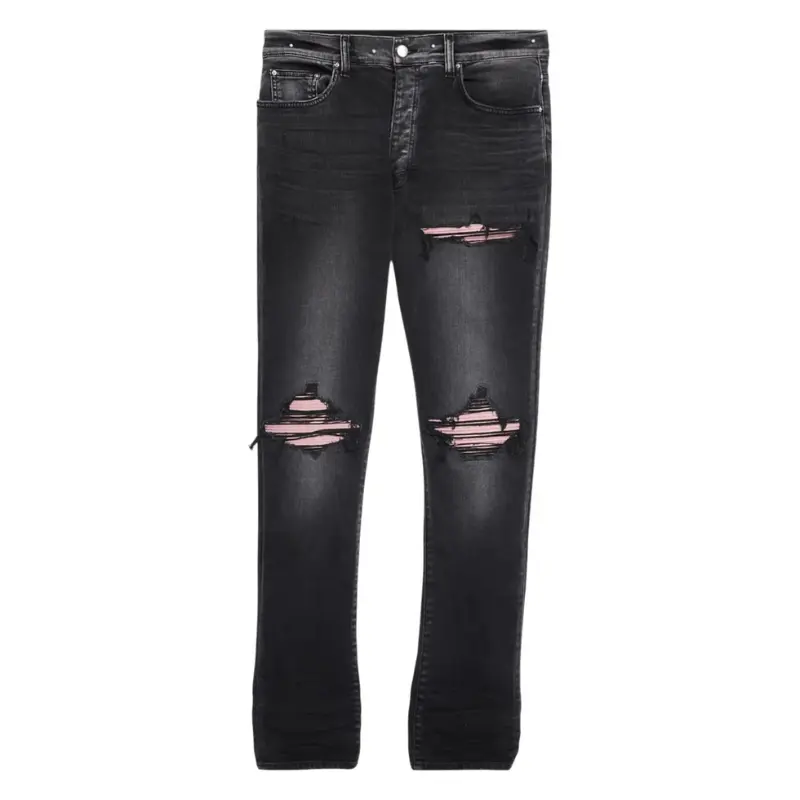Amiri MX1 Men's Skinny Jeans in Black Stretch Denim with Pink Salmon Suede Leather Patches, Hand-Distressed Rock Style, Menswear, Pocket, Knee Patches, Distressed Rip, Distressed Look, Skinny Cut, Hand-Distressed Ripping And Shredding, Slim-Fitting