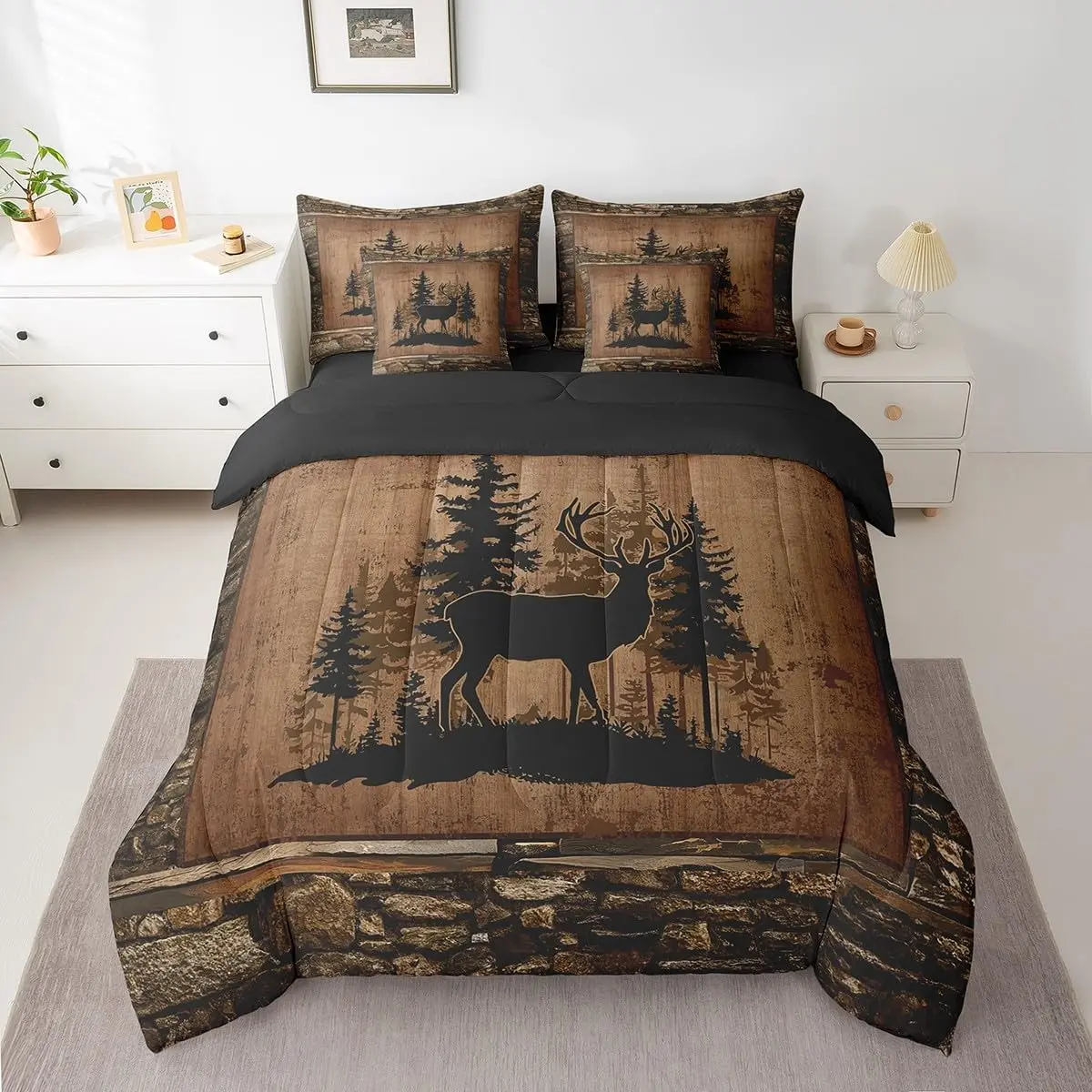 Deer Comforter Set with Sheets,7 Piece Rustic Hunting Bedding Set,Cabin Lodge Deer Bed in a Bag,Farmhouse Nature Wildlife Antlers Brown Bed Set, Decorative Bedding Set, Microfiber Bedding Set