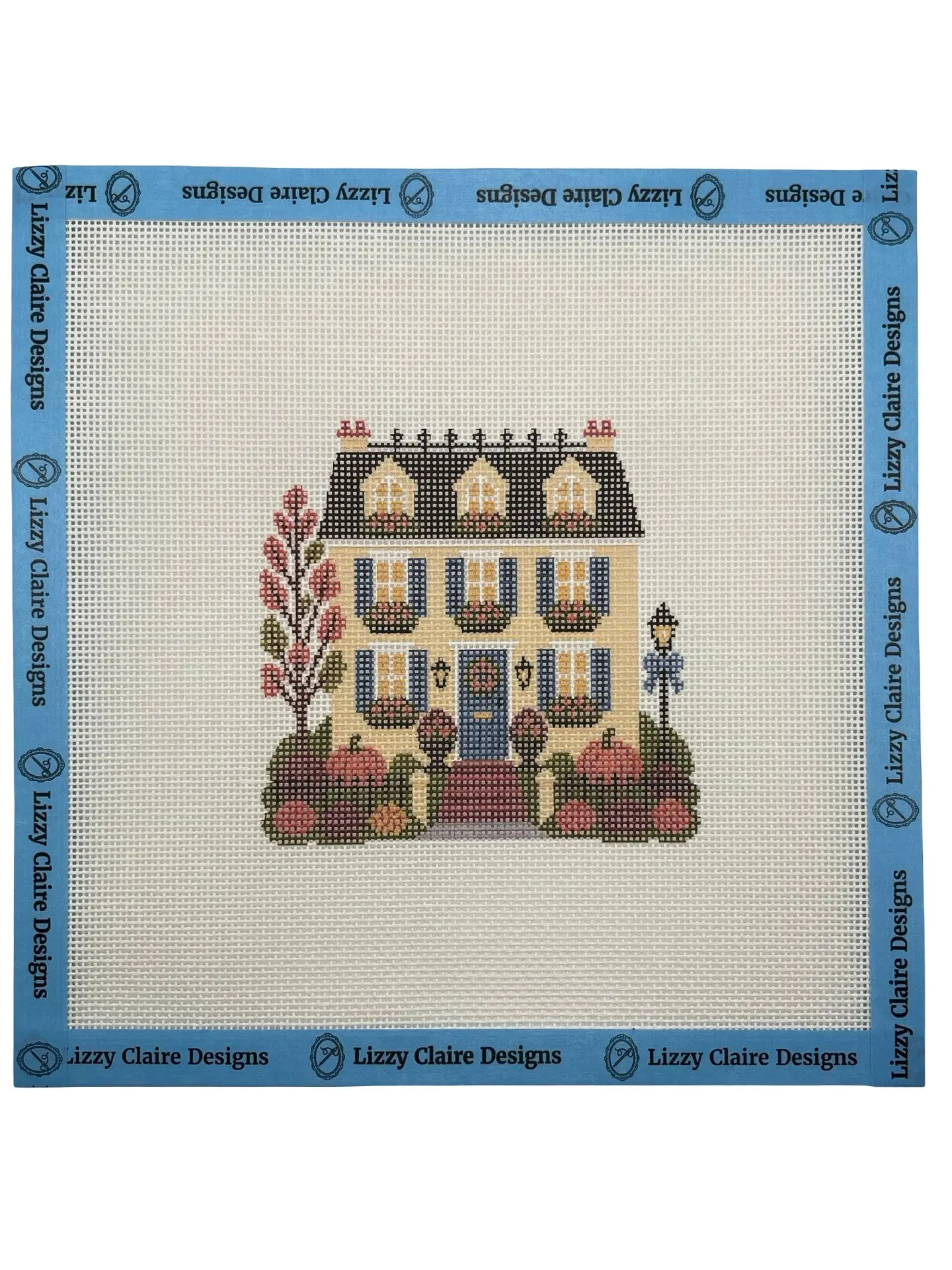 Lizzy Claire's Happy Neighborhood Trick or Treat Townhouse (Blue Shutters)- 18 mesh - 8 x 8 - Needlepoint Canvas