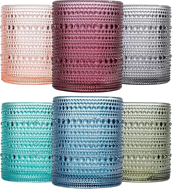 Colored Vintage Hobnail Drinking Glasses Set of 6, Embossed Water Tumbler 12oz, Kitchen & Bar Beaded Glass Cups, Beverage Glass Cups for Water, Beer, Juice, Christmas and New Year gifts