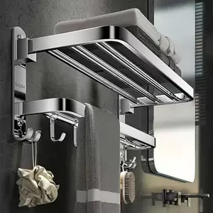Stainless Steel Double Layer Foldable Towel Rack Wall Mounted No Drilling with Hooks for Bathroom and Toilet Storage Bathroom Accessories Organizer
