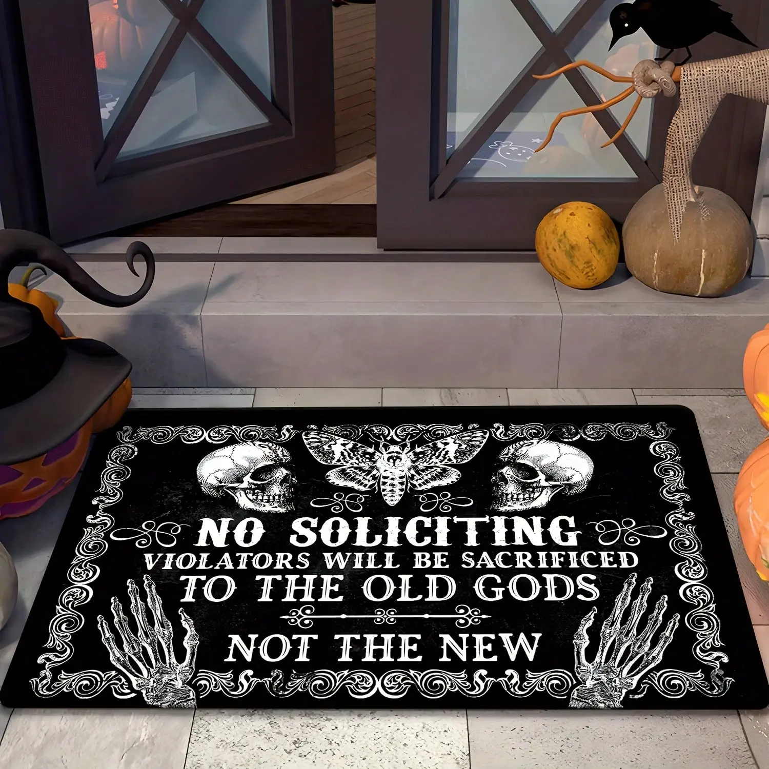 "Witch No Soliciting" Halloween Gothic Style Funny Welcome Mat, Machine Washable Fade-Resistant For Kitchen, Dining Room, Hallway, Bathroom, Bedroom, Study, Indoor/Outdoor Use, Home Decor
