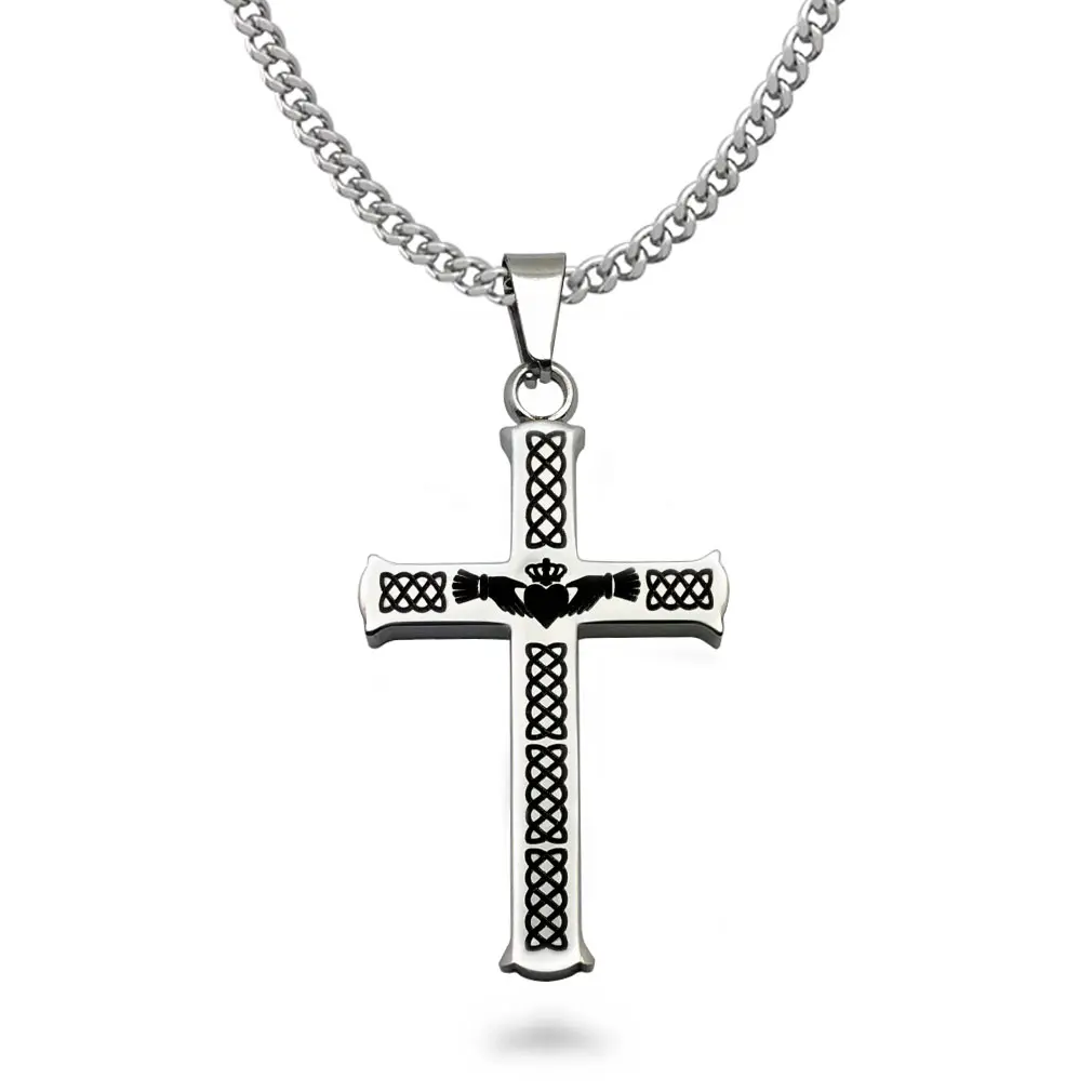 Classic Stainless Steel Cross Necklace - Irish Claddagh Design, Laser Engraved Personalized, 24in, for Daily Wear, Valentine's Day & Christmas Gifts (Unisex)