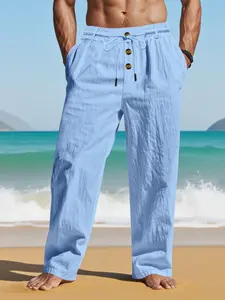 Men's solid - color linen straight - leg pants, drawstring - waist casual long pants with pocket design, loose - fitting wide - leg pants suitable for all seasons, light - washed loose - cut trousers for daily wear, Casual Beach Pants