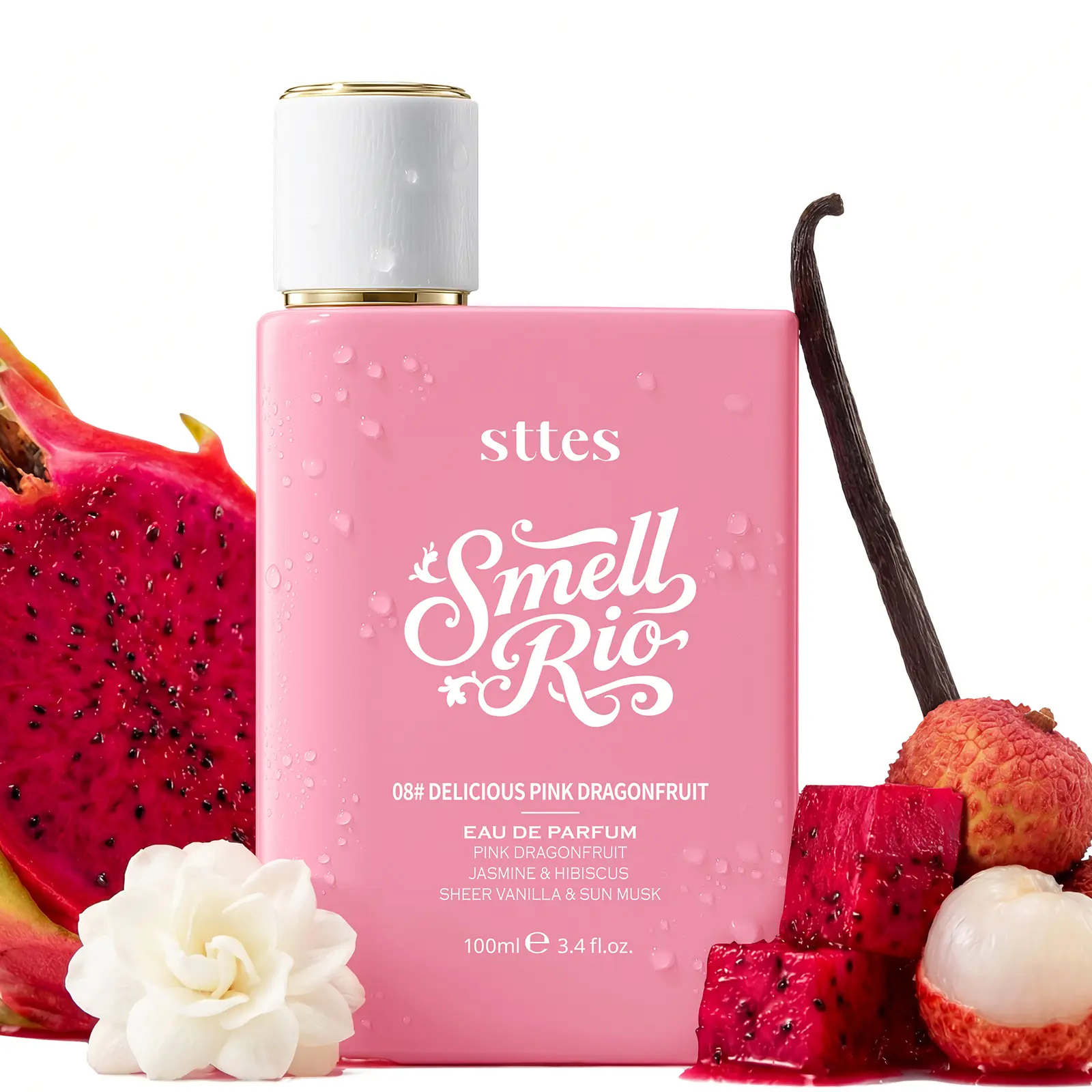 Sttes Smell Rio 08# (Delicious Pink Dragonfruit) Eau de Parfum for Women, Fruity Floral Perfume with Pink Dragonfruit, Lychee, Jasmine, Hibiscus, Vanilla & Sun Musk, 100ml/3.4 Fl Oz