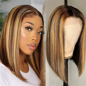 Highlight Ombre 4/27 Color Glueless Lace Short Bob Wigs Straight 180% Density Human Hair Pre Plucked Ready To Wear 6x4 Closure Wig for Women