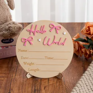 3D Hello World Wooden Announcement Board, Newborn Photo Prop, Gender Reveal Party Supplies, Birthday Decoration, Baptism Gift, Wooden Home Sign