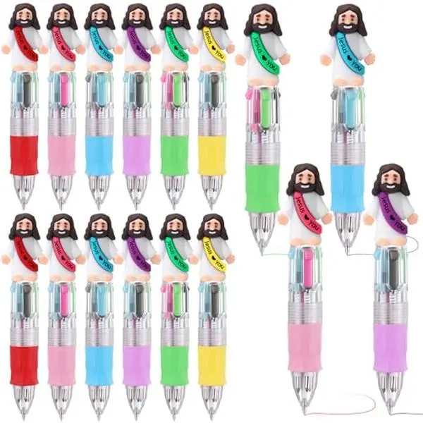 12/24/50Pcs Mini Jesus Multicolor Pen 4-in-1 Cute Duck Ballpoint Pen for Students Teacher Classroom Prize Back to School Gift Little Jesus Figures Multicolor Pen for Employee Appreciation Gift School Office Supplies