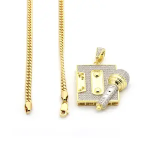 High-End Brass Gold Plated Hip Hop Retro Mic Casset Pendant Simulated Diamond & 4mm 18" 20" 24" 30" Cuban Chain Necklace