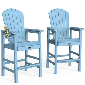 Tall Adirondack Chairs Set of 2, All-Weather Plastic Adirondack Chair with Cup Holders, Heavy-Duty HDPE Outdoor Bar Stools for Patio, Balcony, Pool, Backyard