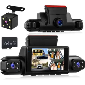 4 Channel Dash Cam Front and Rear Left and Right - 360 Degree Car Camera System with 3 Inch Display, 8 IR Night Vision, Loop Recording, Motion Detection + 64G TF Card