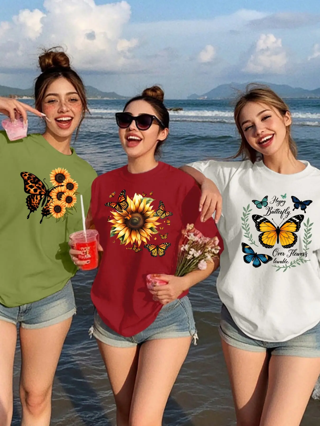 3pcs Women's Sunflower Butterfly Print Cotton T-Shirt Set, Loose Fit Round Neck Short Sleeve, Soft Breathable Fabric, Summer Beach Casual Street Style, Top, Fitted, Womenswear