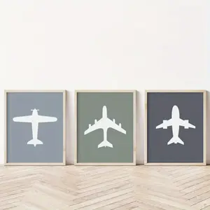 A set of 3 frameless canvas posters, including abstract cartoon airplane patterns, perfect for Nordic-style bedroom or home decor wall art, Canvas Prints