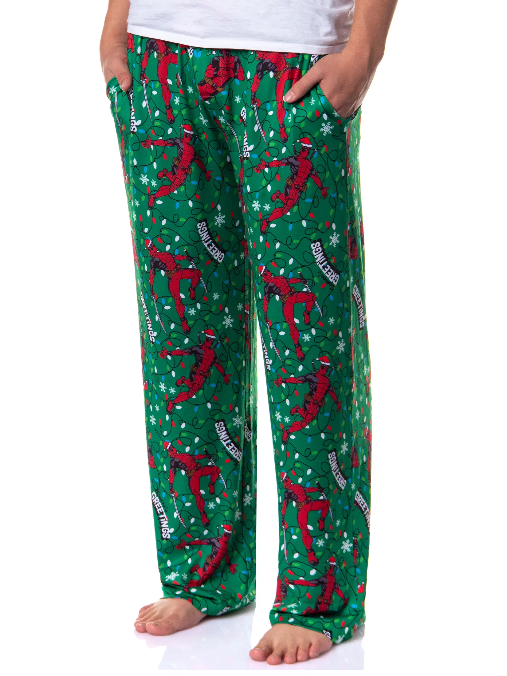 Marvel Deadpool Pajama Pants Men's Christmas Lights Seasons Greetings Lounge PJ Bottoms