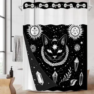 1pc hookless shower curtain with buckle lining, black and white sun cat crystal leaf design 2D flat printing, fabric waterproof lining, see-through double-layer shower curtain, 71 x 74 inches, modern home curtain decoration, Shower Curtain Liner