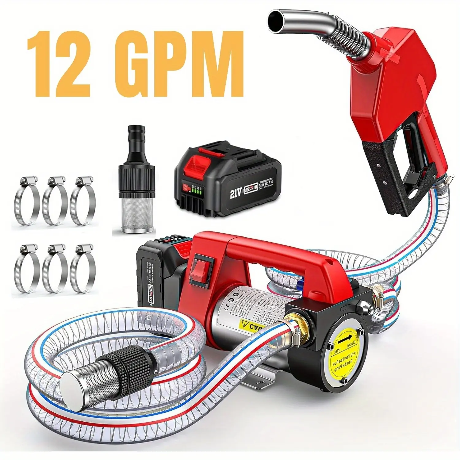 12GPM Electric Cordless Pump Kit with 21VDC 4.0Ah Battery And Charger, Portable Cordless Pump with Auto-Off Nozzle And 2 X 6.6FT Hoses for Diesel Kerosene Transfer, Easy Carry