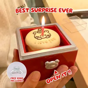 Cute Bear Cake Gift Box  Secret Ring Inside, Engagement Ring Box Wedding Day Birthday, Surprise Flip Ring Bearer Proposal Box Necklace Bracelet Ring Rotating Jewelry Box for Women (red) wife girlfriend bouquet heart design Interactive Music Fluffy Rose
