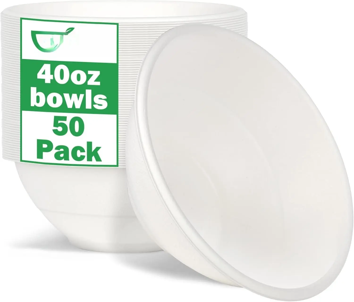 40oz Large Disposable Bowls, 50 Pack Compostable Paper, Heavy Duty for Hot Soup, White Bagasse, Microwavable Safe for Salad Cereals, Snacks