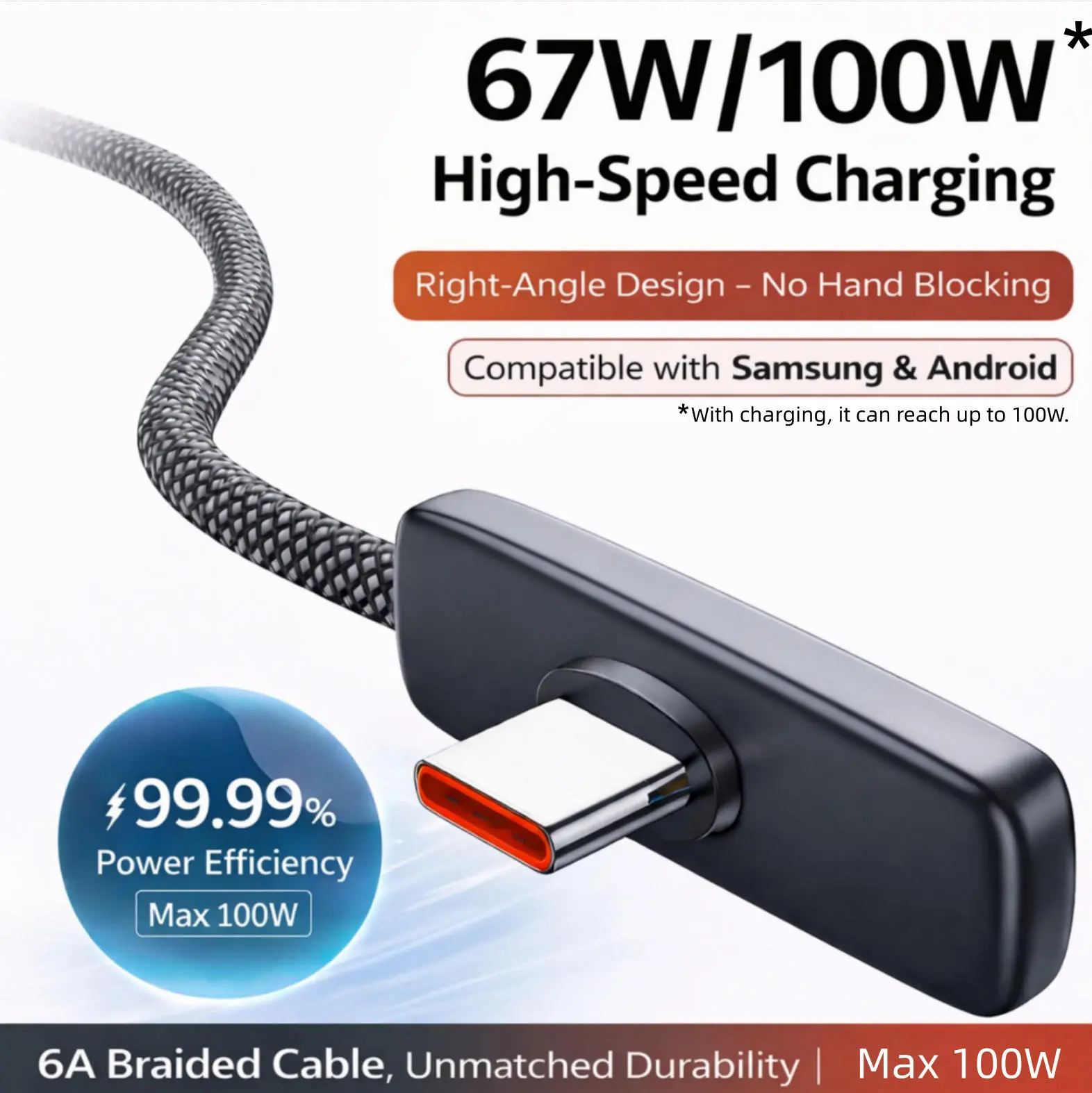 100W Right Angle USB-C Cable Fast Charging PD PPS 60W/240W 6A Braided Cord 45W USB C to USB C for iPhone15/16/17 Pro Max Samsung Android Phones Tablets Laptops 90 Degree No Hand Blocking