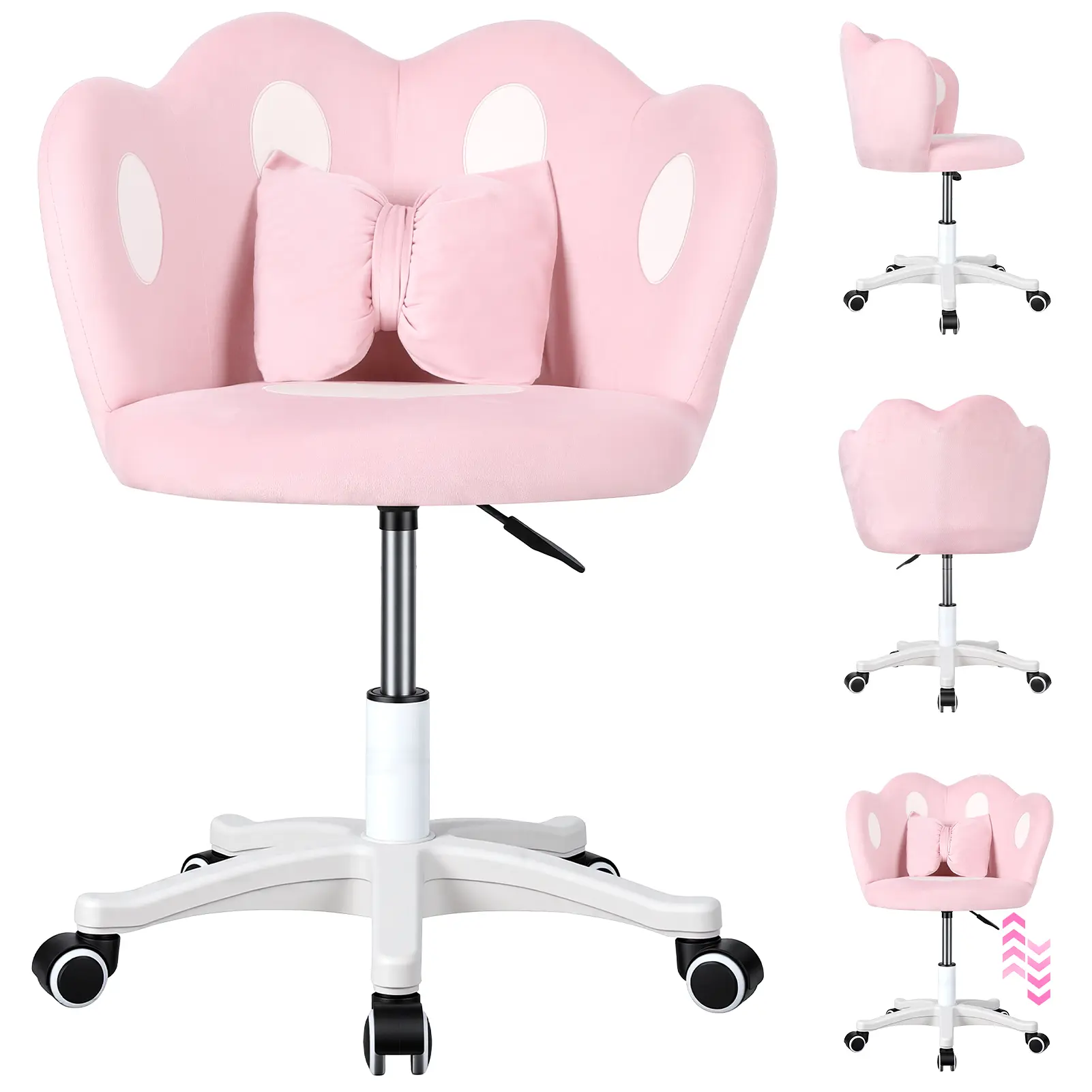 Kids Desk Chair, 360-Degree Swivel Makeup Chair, Adjustable Height Kids Computer Chair with Bow Pillow, Children Desk Chair for Boys Girls in Home Bedroom Study Room