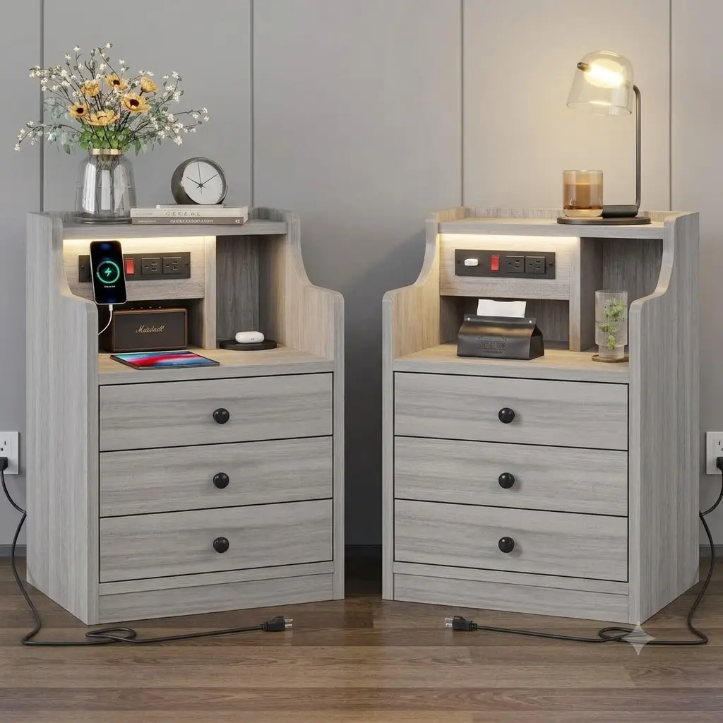 Sikaic Set of 2 Grey Nightstands with Charging Station, 3 Drawer Nightstand with USB Ports for Bedroom Furniture,dorm essentials,home decor