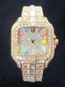 Men's Rhinestone Decorated Square Dial Quartz Watch, Analog Quartz Watch, Fashion Watch for Party, Daily Clothing Decor, Trendy All-match & Exquisite Watch for Birthday Gift with Box